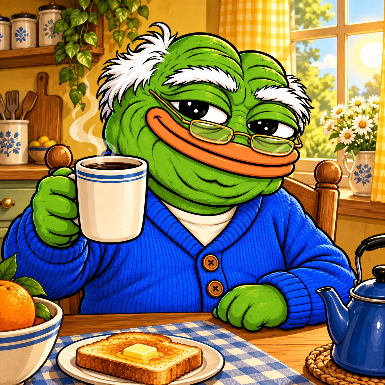 PaPa raising a mug of coffee in his sunny yellow kitchen