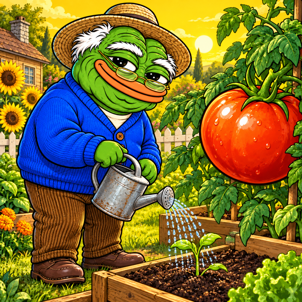 PaPa patiently watering a tiny seedling beside an enormous tomato in his garden