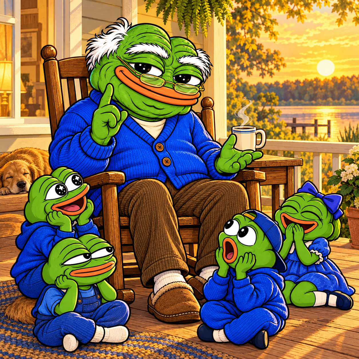PaPa telling a story on the porch to his four delighted frog grandchildren